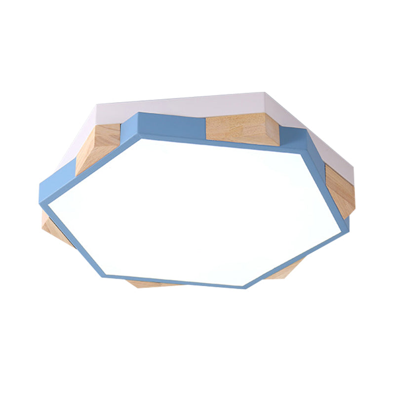 Hexagon Led Flushmount Ceiling Lamp In Pink/Yellow/Blue With Metal Shade Warm/White Light