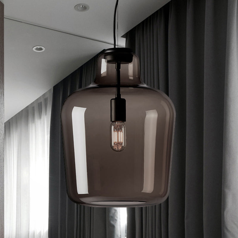 Contemporary Black Glass Jar Pendant Lamp - 1 Head Hanging Ceiling Light For Dining Room