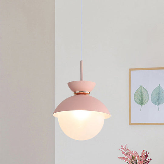 Macaron Metal Pendant Lighting - Flared Design 1-Light Gray/Blue/Pink Dining Room Ceiling Light Pink