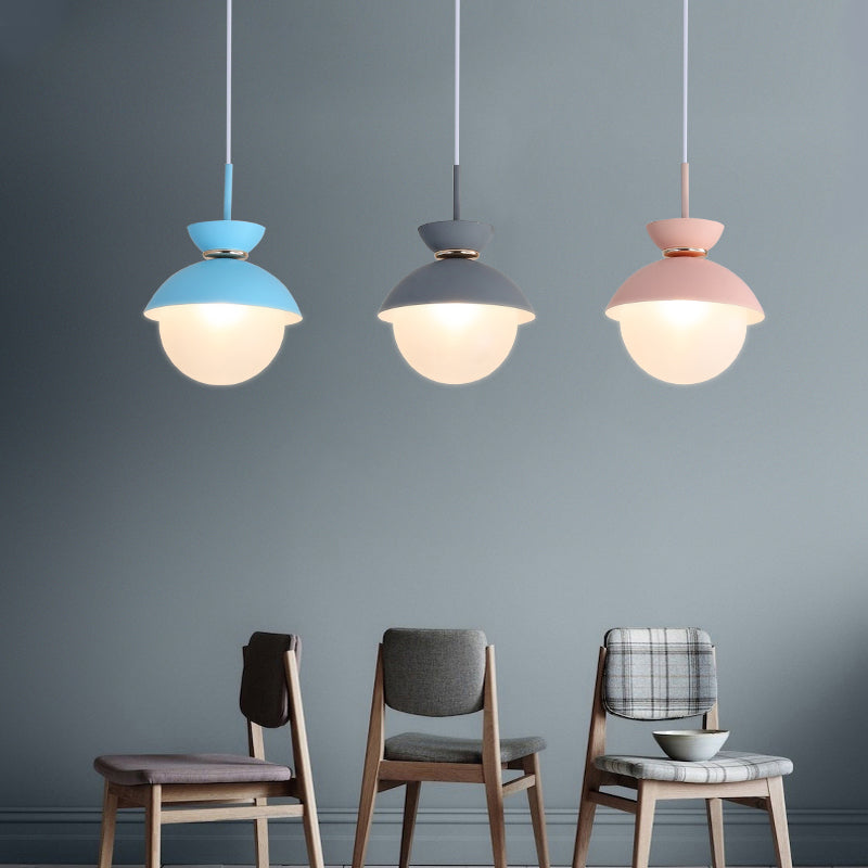 Macaron Metal Pendant Lighting - Flared Design 1-Light Gray/Blue/Pink Dining Room Ceiling Light