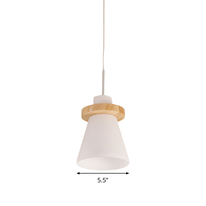 Sleek White Glass Pendant Light With Wood Ring Decoration - Minimalist Design 1