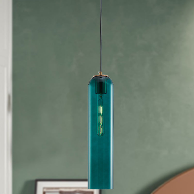 Nordic Green Glass Tubular Pendant Light - Stylish Ceiling Hanging Lamp For Bedroom