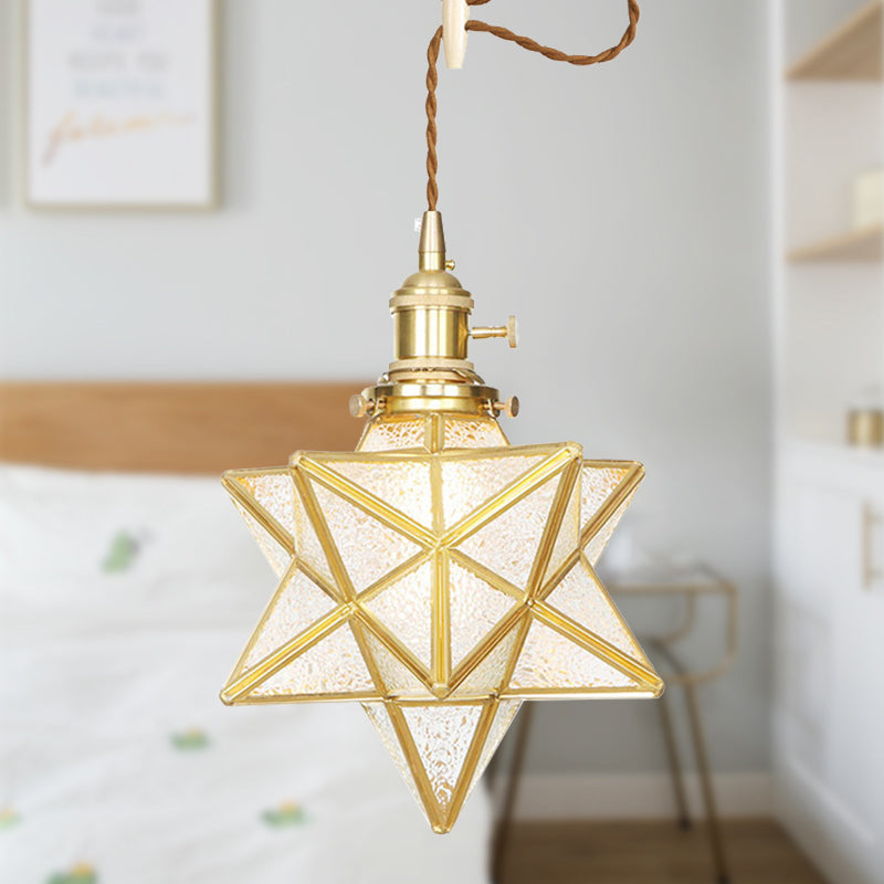 Star Shaped Pendant Light: Postmodern Clear/Frosted Glass With Brass Hanging Kit & Adjustable Rope