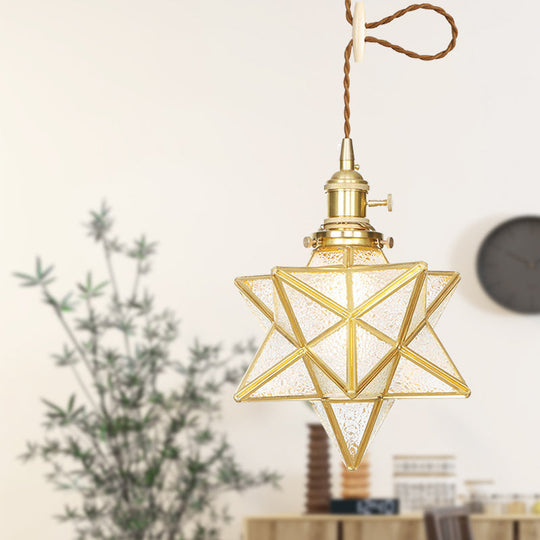 Star Shaped Pendant Light: Postmodern Clear/Frosted Glass With Brass Hanging Kit & Adjustable Rope