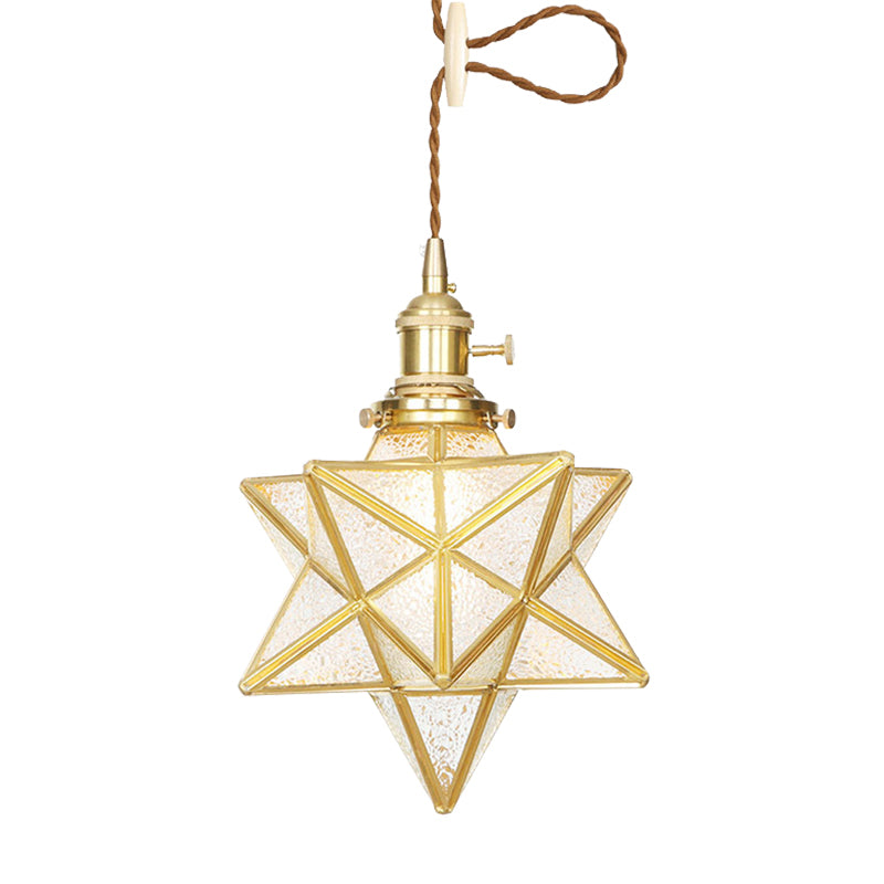Star Shaped Pendant Light: Postmodern Clear/Frosted Glass With Brass Hanging Kit & Adjustable Rope