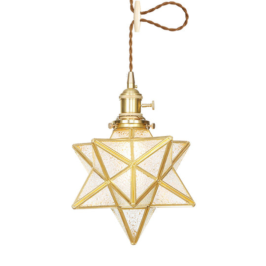 Star Shaped Pendant Light: Postmodern Clear/Frosted Glass With Brass Hanging Kit & Adjustable Rope