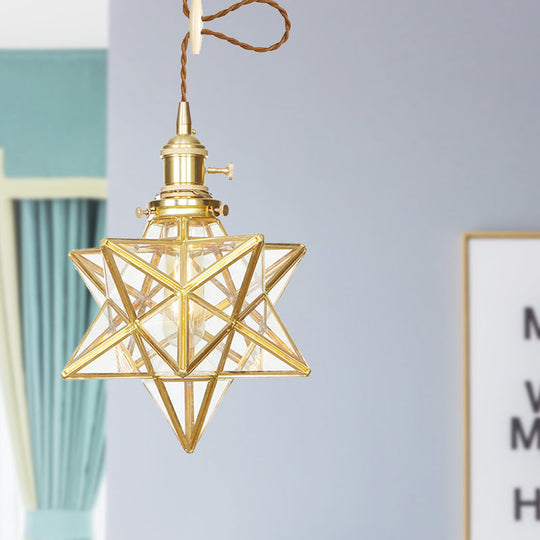 Postmodern Star Shaped Pendant Light Kit - Brass 1 With Clear/Frosted Glass And Adjustable Rope