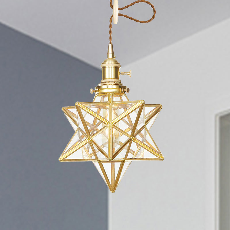 Star Shaped Pendant Light: Postmodern Clear/Frosted Glass With Brass Hanging Kit & Adjustable Rope