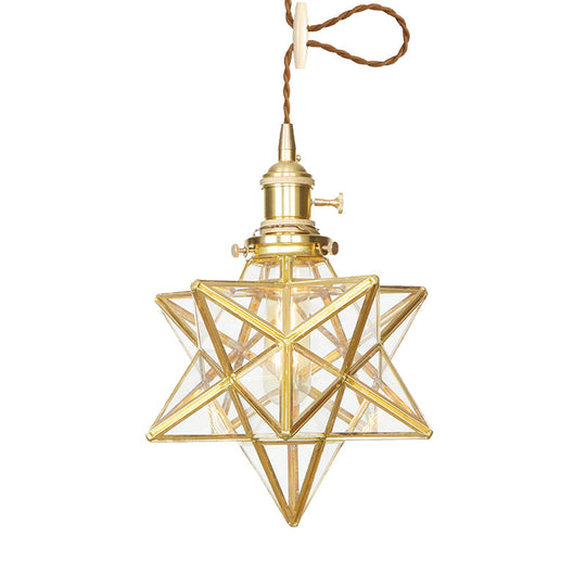 Star Shaped Pendant Light: Postmodern Clear/Frosted Glass With Brass Hanging Kit & Adjustable Rope