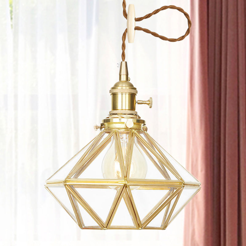 Postmodern Diamond Pendant Ceiling Light With Brass Accents And Adjustable Rope / Clear Glass