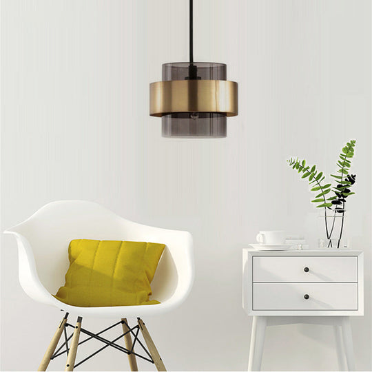 Modern Smoke Gray Glass Cylinder Pendant Light With Gold Accents