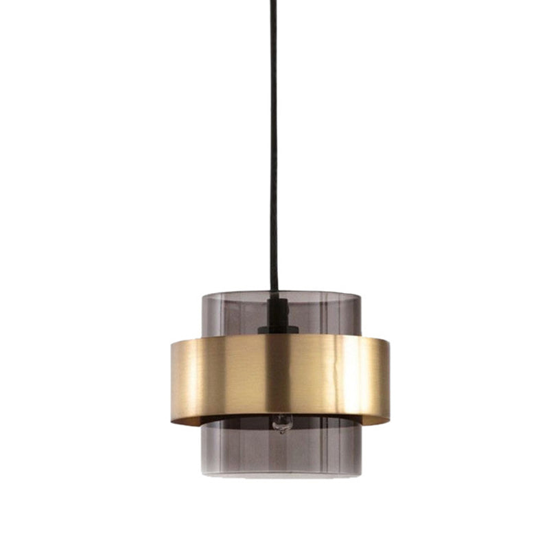 Modern Smoke Gray Glass Pendant Light With Gold Accent - Cylinder Design