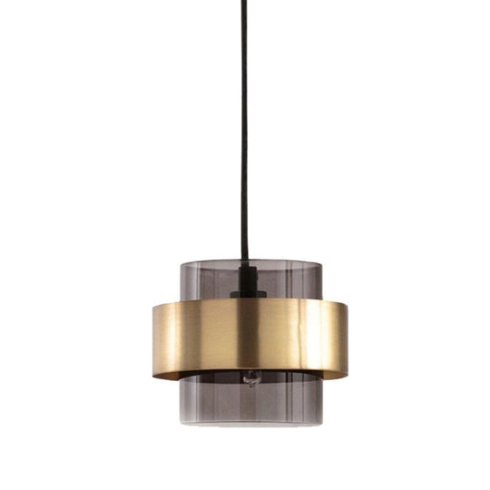 Modern Smoke Gray Glass Pendant Light With Gold Accent - Cylinder Design