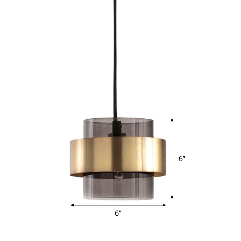 Modern Smoke Gray Glass Pendant Light With Gold Accent - Cylinder Design
