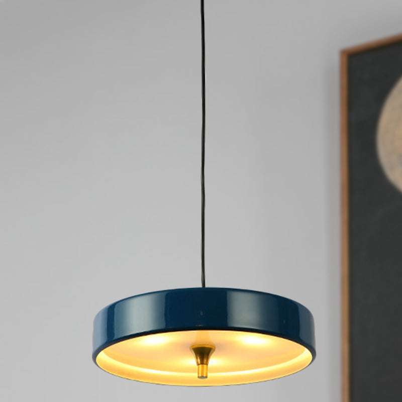 Contemporary Disk Pendant Light - Blue/White/Black Metal Bedroom Hanging Lamp