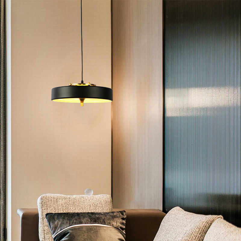 Contemporary Disk Pendant Light - Blue/White/Black Metal Bedroom Hanging Lamp