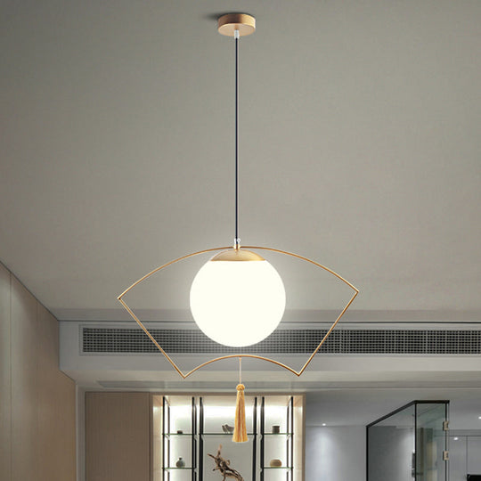 Modernist Milk Glass Globe Pendant Light With Gold Metal Frame - Bedroom Ceiling Hanging Fixture