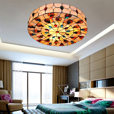 Semi Flush Stained Glass Ceiling Light Fixture With Tiffany Style Jewel Decoration Red / 18