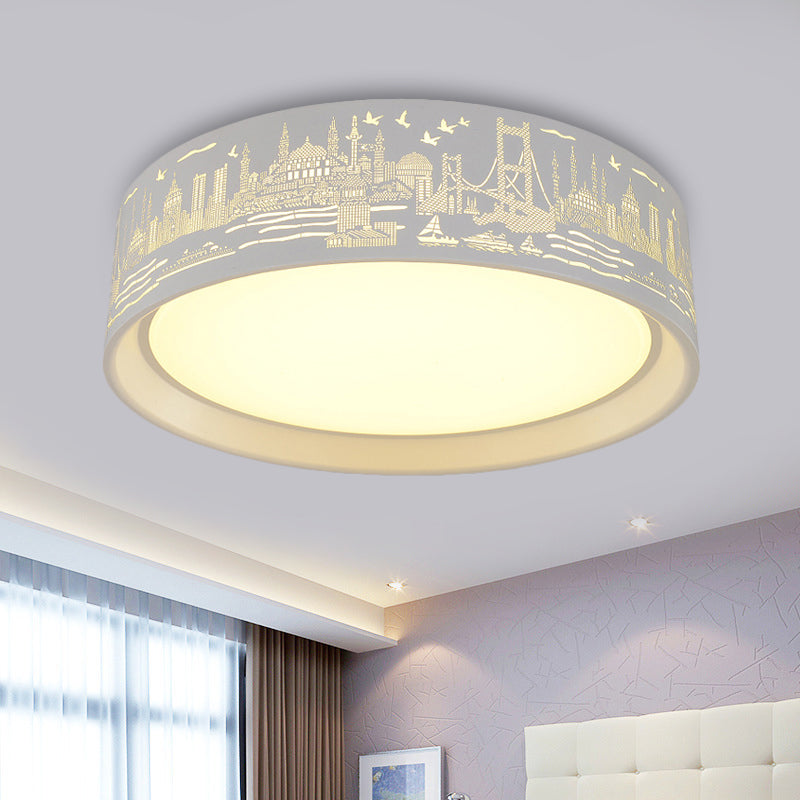 16.5’/20.5’ Modern White Carved Metal Drum Flush Lamp With Metropolis Scene - Led Ceiling Light