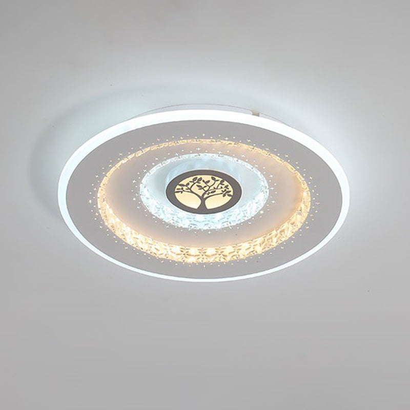Modern White Round Crystal Led Ceiling Light With Tree Pattern - Flushmount Lighting In White/Warm /