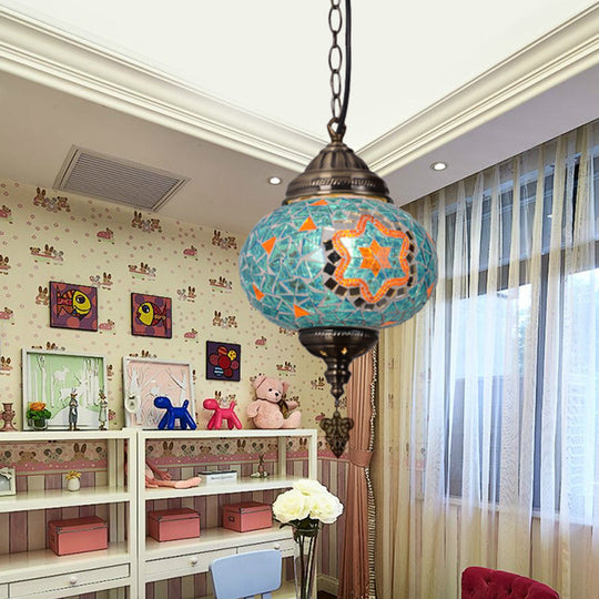 Vintage Stained Glass Spherical Hanging Pendant In Red/Blue/Yellow For Living Room Blue