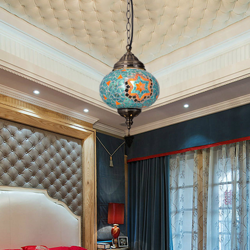 Vintage Stained Glass Spherical Hanging Pendant In Red/Blue/Yellow For Living Room