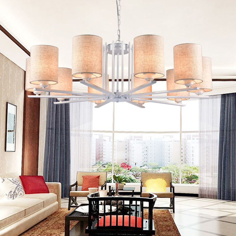 Modern Metal Sputnik Chandelier With White Finish And Cylinder Fabric Shade - 6/8 Heads Hanging