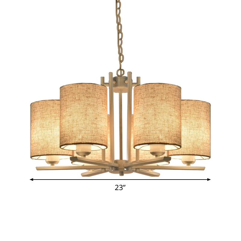 Modern Metal Sputnik Chandelier With White Finish And Cylinder Fabric Shade - 6/8 Heads Hanging