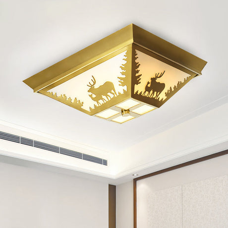 Trapezoid Brass Flush Mount Vintage Metal Ceiling Lamp With 4 Bulbs Ideal For Living Room Lighting