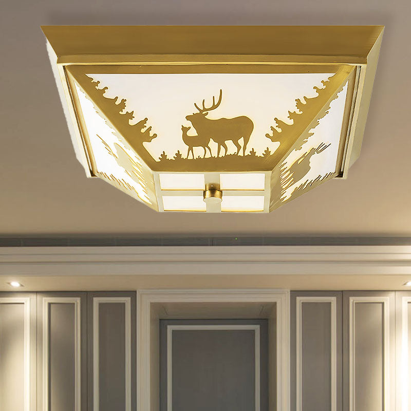 Trapezoid Brass Flush Mount Vintage Metal Ceiling Lamp With 4 Bulbs Ideal For Living Room Lighting