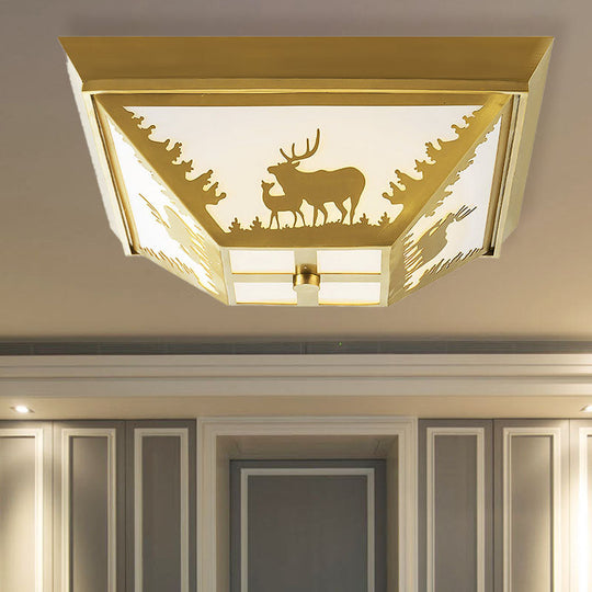 Trapezoid Brass Flush Mount Vintage Metal Ceiling Lamp With 4 Bulbs Ideal For Living Room Lighting