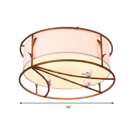 Traditional Brown Drum Ceiling Flush Lighting - Fabric Shade Multiple Sizes Heads Bedroom Mount Lamp