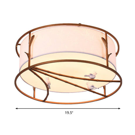 Traditional Brown Drum Ceiling Flush Lighting - Fabric Shade Multiple Sizes Heads Bedroom Mount Lamp