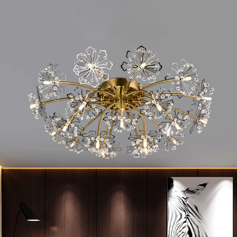 Postmodern Crystal Beaded 21 - Light Gold Dandelion Semi Flush Mount For Dining Room Ceiling