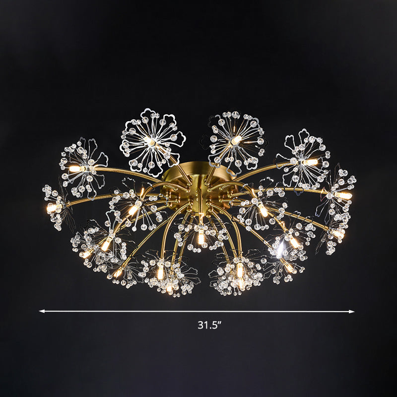 Postmodern Crystal Beaded 21 - Light Gold Dandelion Semi Flush Mount For Dining Room Ceiling
