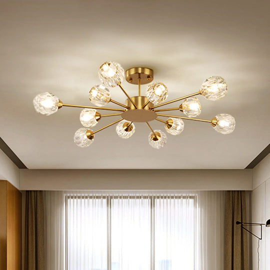 Postmodern Gold Ceiling Lamp With 12 Heads: Clear Faceted Crystal Sputnik Semi - Flush Mount Fixture