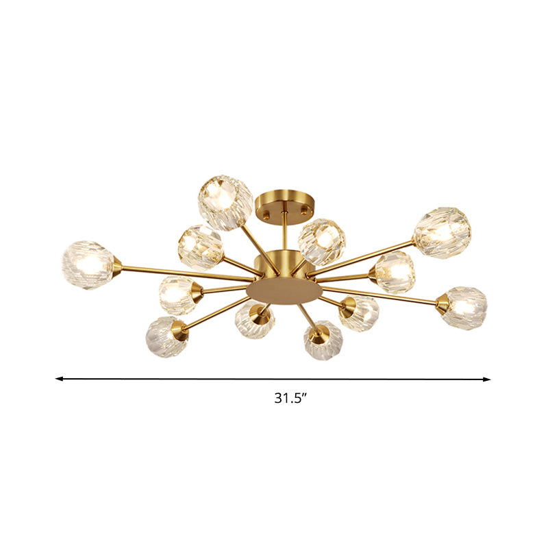 Postmodern Gold Ceiling Lamp With 12 Heads: Clear Faceted Crystal Sputnik Semi - Flush Mount Fixture