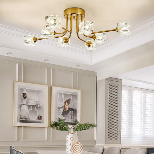 8 - Head Cubic Crystal Ceiling Light Fixture In Gold - Postmodern Curved Arm Semi Flush Mount