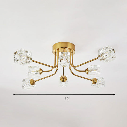 8 - Head Cubic Crystal Ceiling Light Fixture In Gold - Postmodern Curved Arm Semi Flush Mount