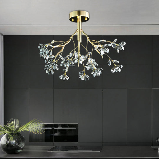 Postmodern Gold Leaf Crystal Semi Flush Mount Ceiling Lamp With 3 Branch - Style Heads
