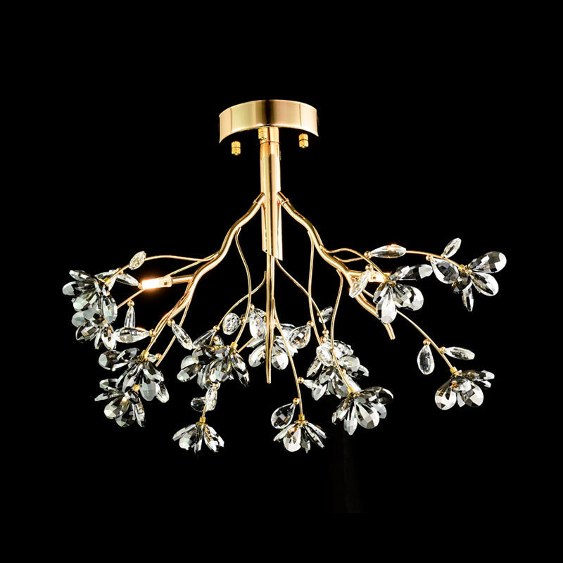 Postmodern Gold Leaf Crystal Semi Flush Mount Ceiling Lamp With 3 Branch - Style Heads