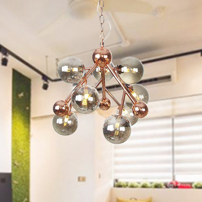 Vintage Glass Pendant Chandelier - 9 Globe Lights In Clear Amber & Smoke Gray For Indoor Lighting