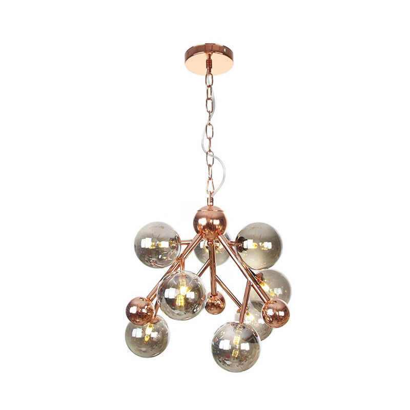 Vintage Glass Pendant Chandelier - 9 Globe Lights In Clear Amber & Smoke Gray For Indoor Lighting