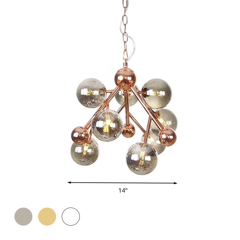 Vintage Glass Pendant Chandelier - 9 Globe Lights In Clear Amber & Smoke Gray For Indoor Lighting