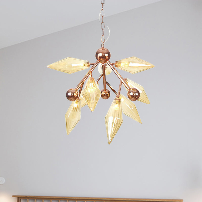 Vintage Metal Chandelier With 9 Lights And Amber/Clear Glass Shades For Dining Room Ceiling