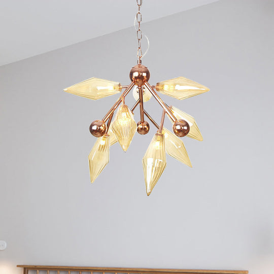 Vintage Metal Chandelier With 9 Lights And Amber/Clear Glass Shades For Dining Room Ceiling