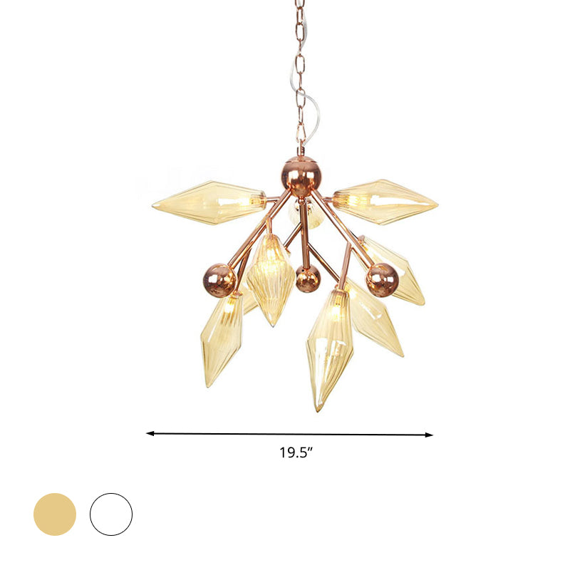 Vintage Metal Chandelier With 9 Lights And Amber/Clear Glass Shades For Dining Room Ceiling