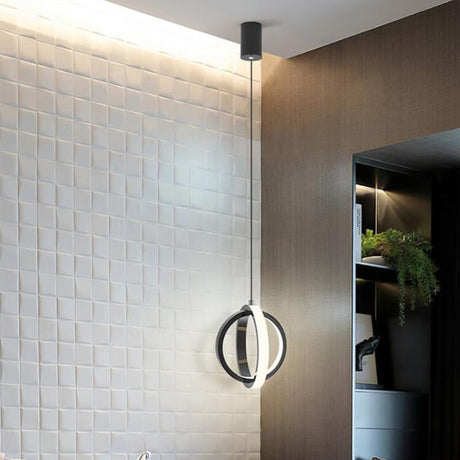 Contemporary Metal Led Pendant Light Kit - Orbit Hanging Ceiling In Black With Warm/White