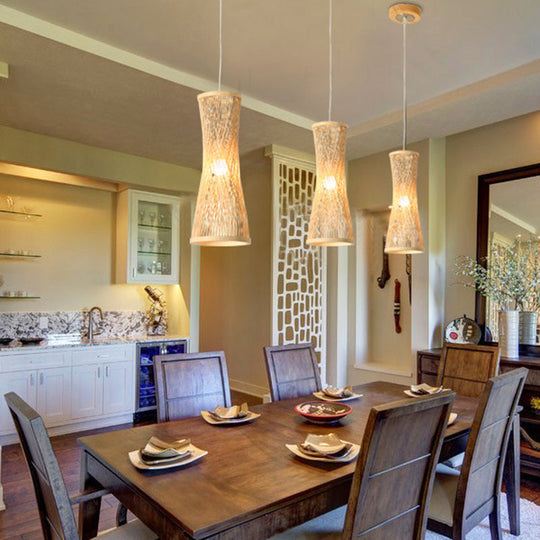 Bamboo Curved Pendant Light - 1 Beige Fixture For Dining Room