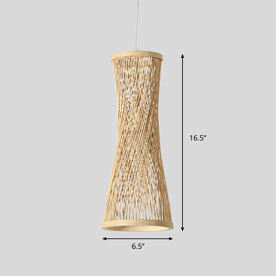 Bamboo Curved Pendant Light - 1 Beige Fixture For Dining Room